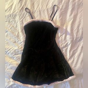 Y2K Black Velvet Mini Dress Pink Faux Fur Trim Snow Bunny Mean Girls Costume M